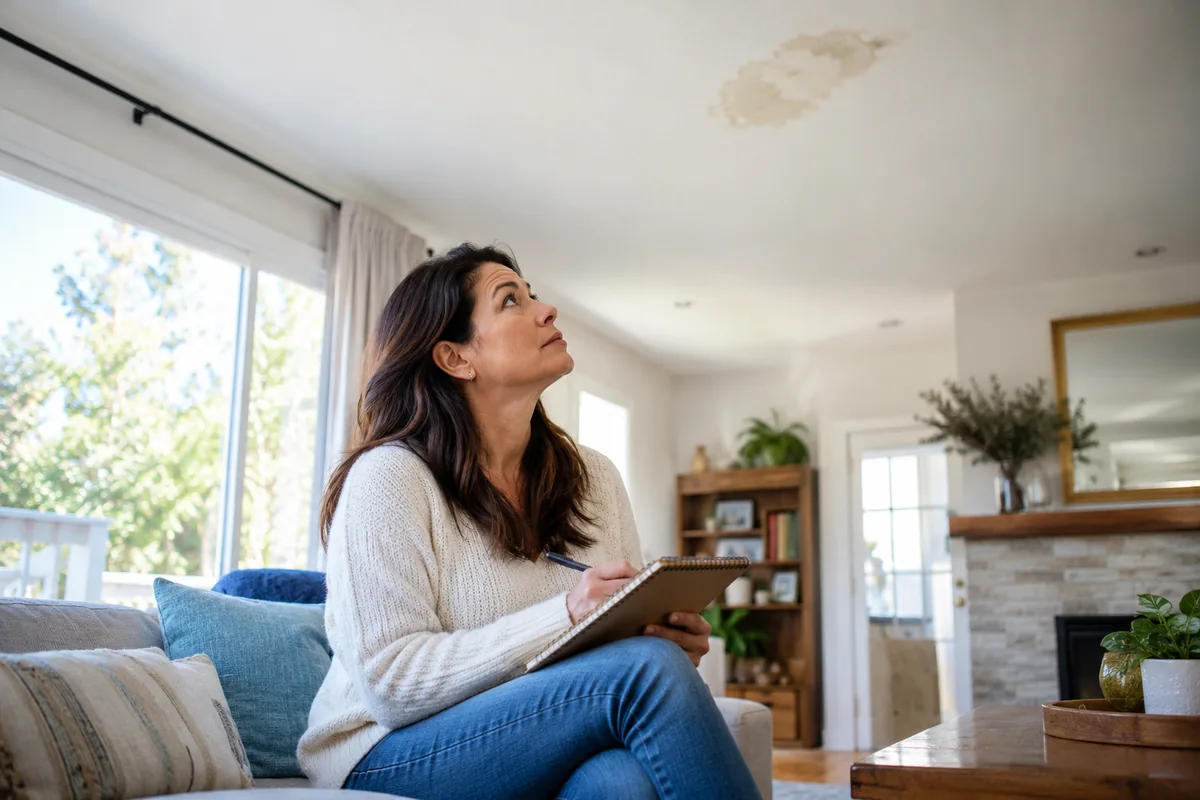 Homeowner holding a notebook while looking at a small ceiling water stain