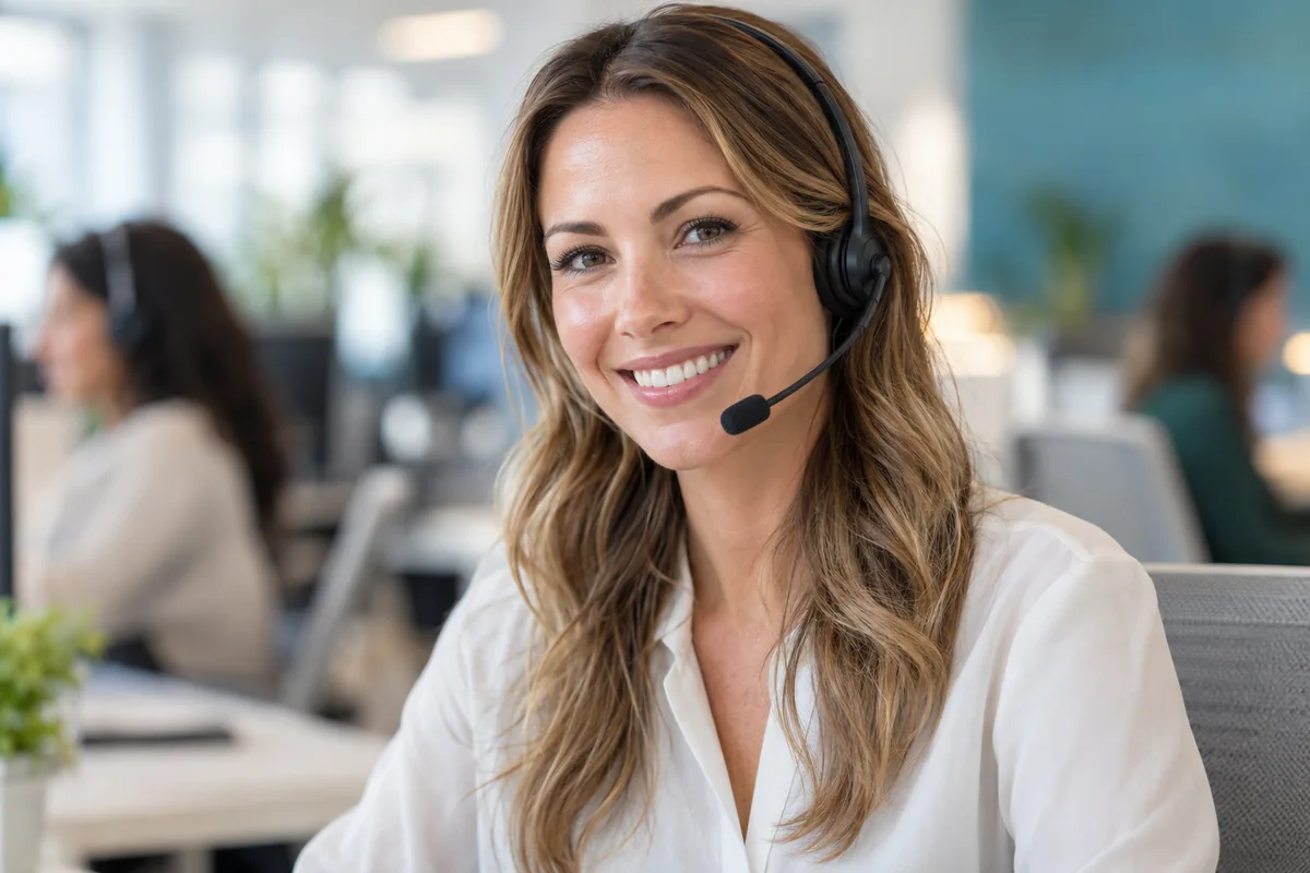 Representative customer-support model wearing a headset in a bright office