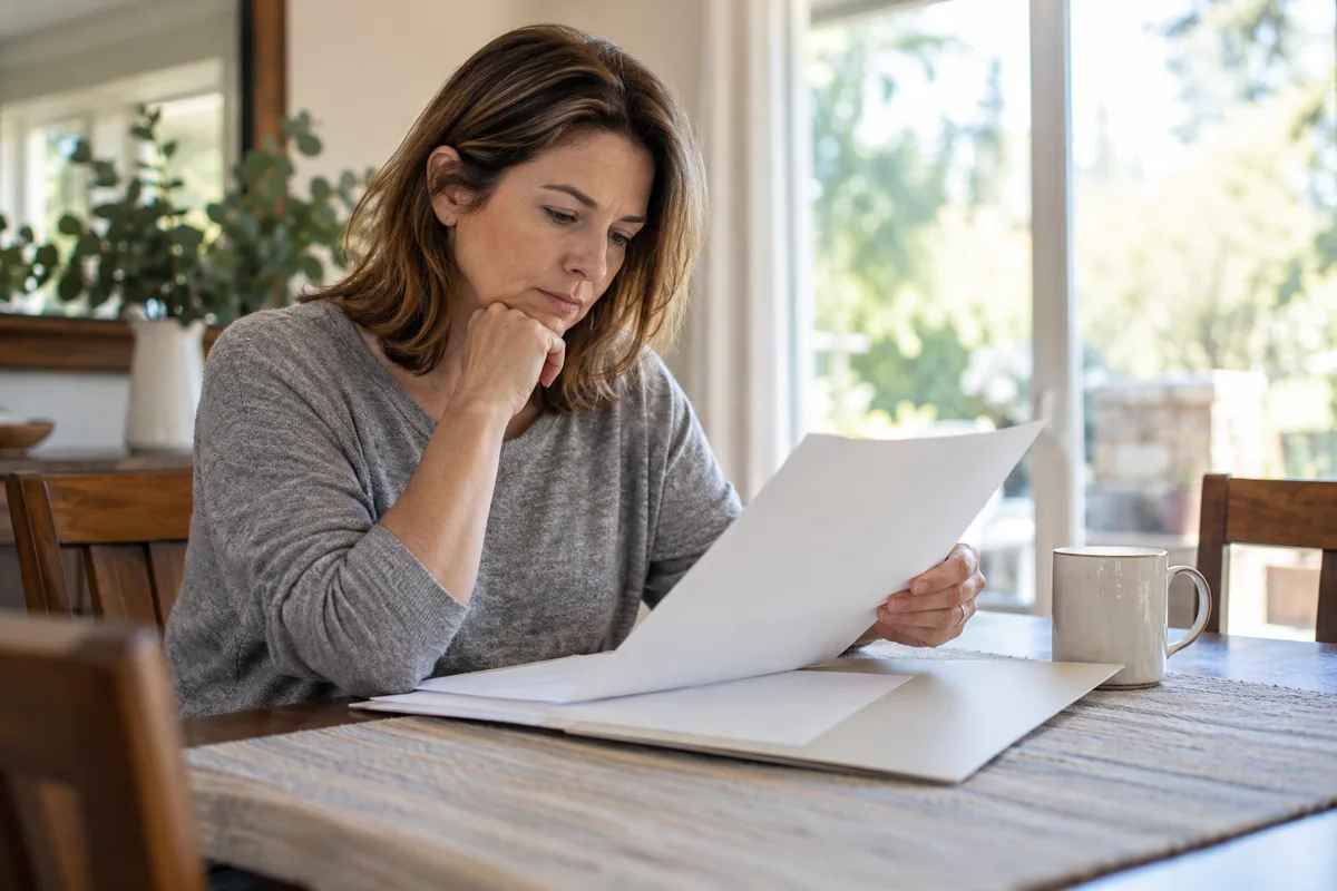 Homeowner reviewing an unbranded quotation folder at a dining table