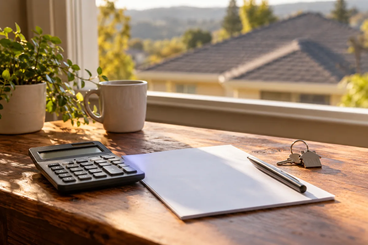 Calculator, blank paper and house keys on a table beside a window