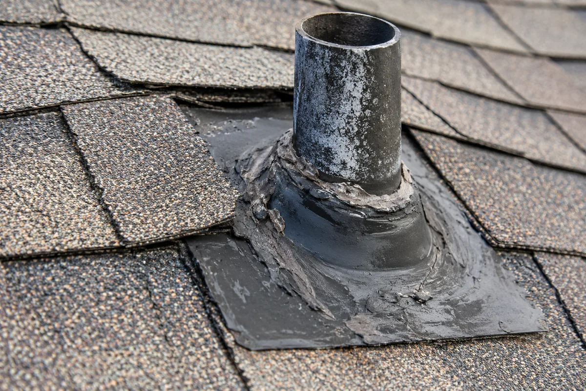 Weathered roof patch and sealant beside a vent on an asphalt shingle roof