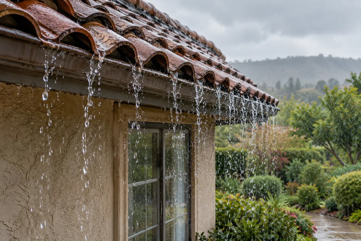 Rain falling past the eaves of a tile-roof house beside a garden