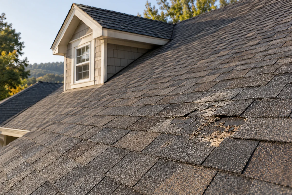 Localized worn shingle area beside intact roofing on a residential pitched roof