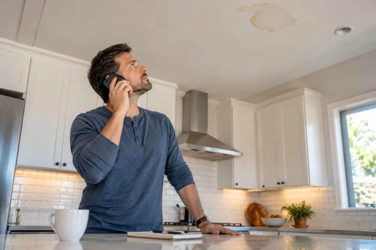 Homeowner talking on a phone in a kitchen while looking at a small ceiling water mark