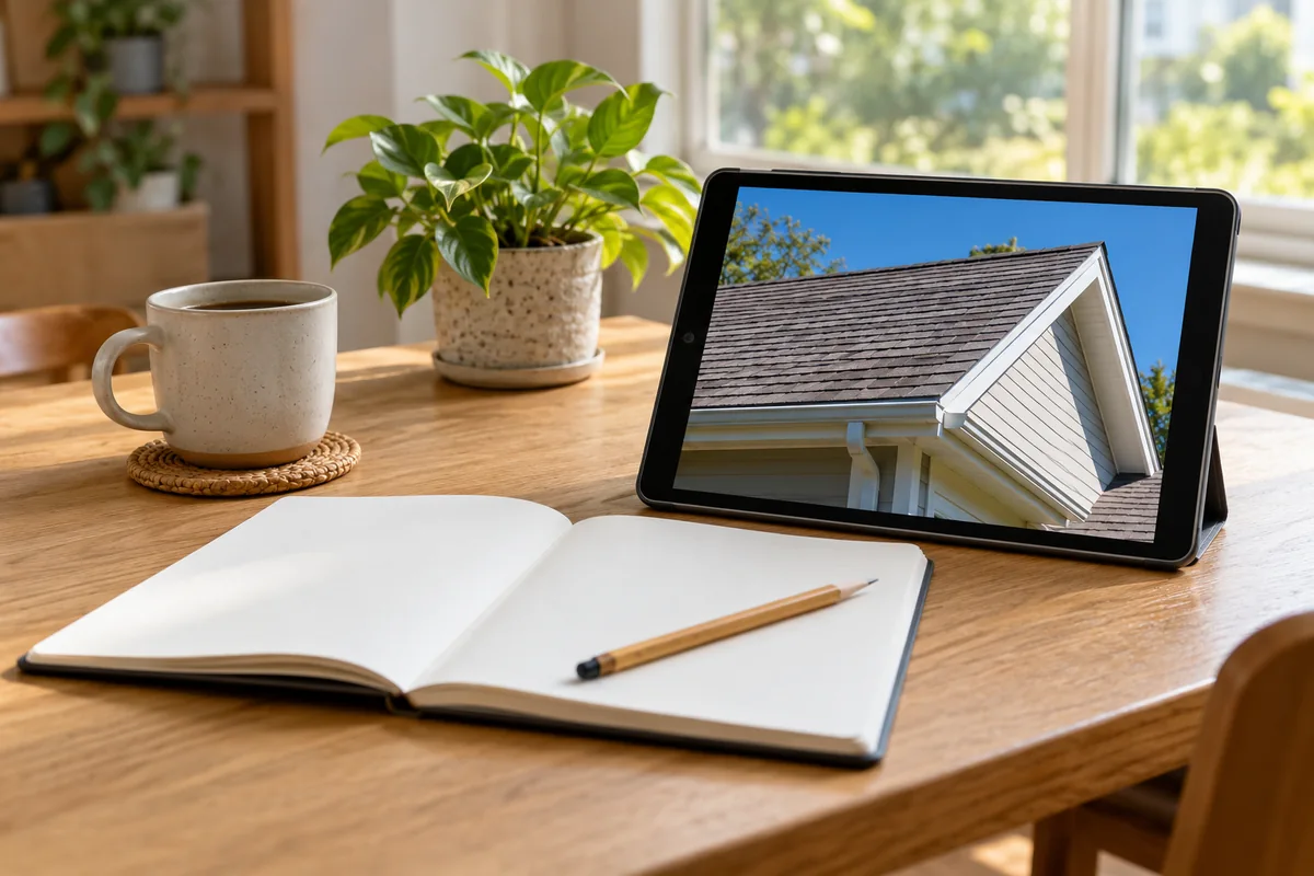 Homeowner notebook and tablet with a roof photograph on a light oak table