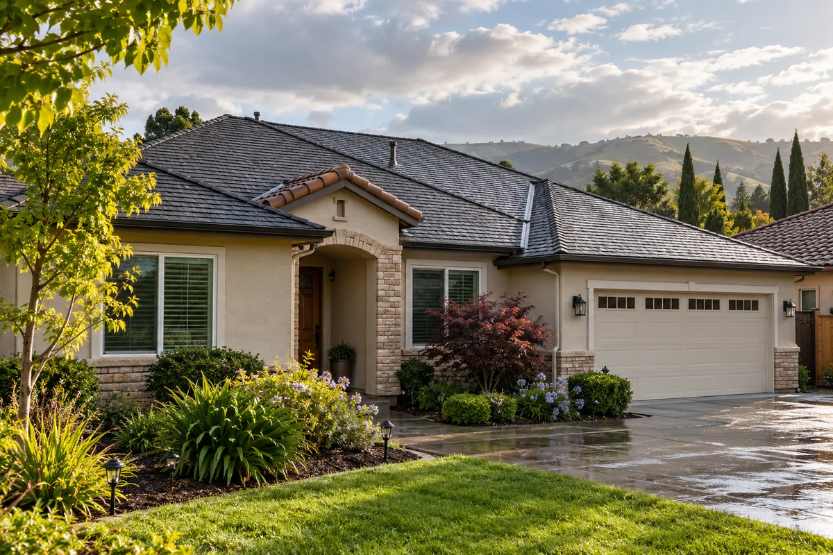 Rain-damp asphalt shingle roof and tiled entry on a California-style home