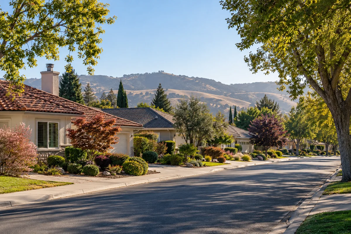 Residential California street with varied tile and shingle roofs and low hills in the distance