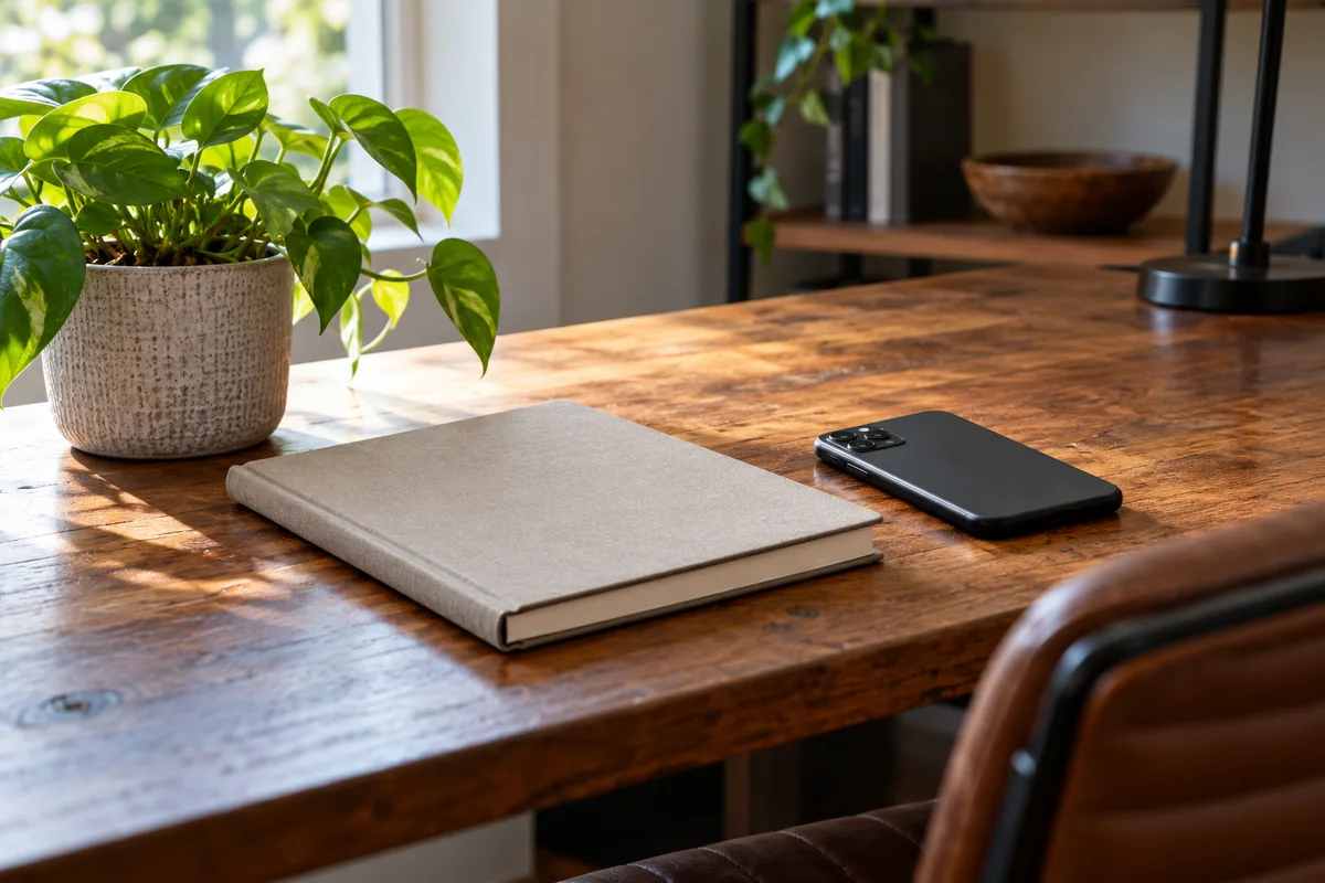 Closed notebook and face-down smartphone on a wooden desk beside a plant