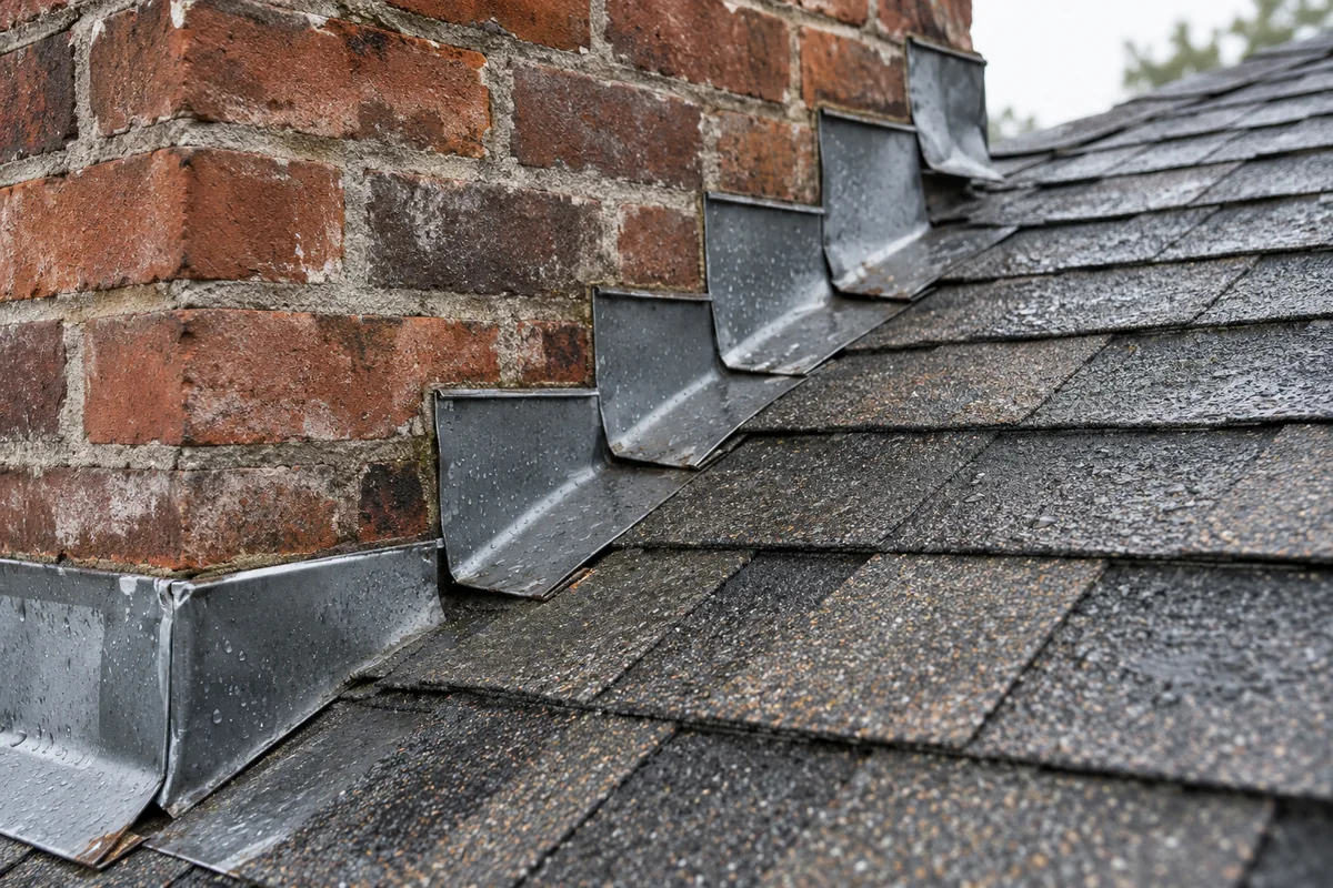 Metal step flashing at a brick chimney beside textured asphalt shingles