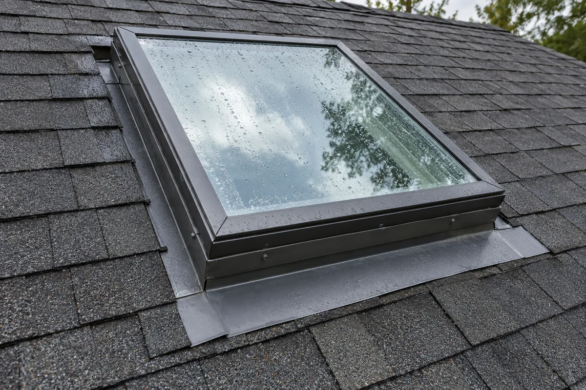 Residential skylight with visible curb flashing and rain droplets on the glass