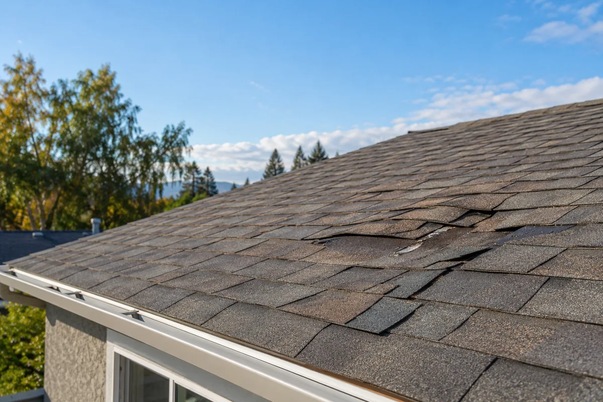 A localized area of displaced asphalt shingle tabs on a residential roof after wind