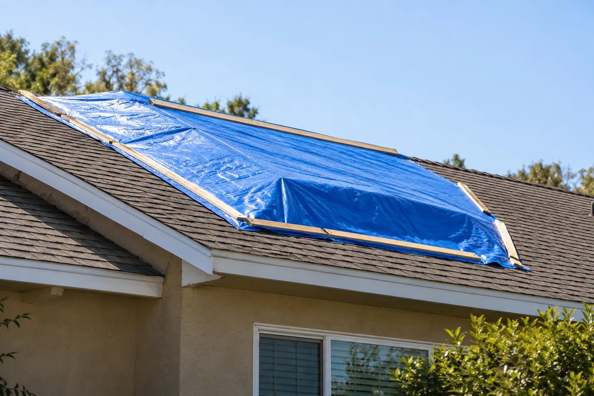 Blue temporary roof tarp secured with battens over part of a one-story shingle roof