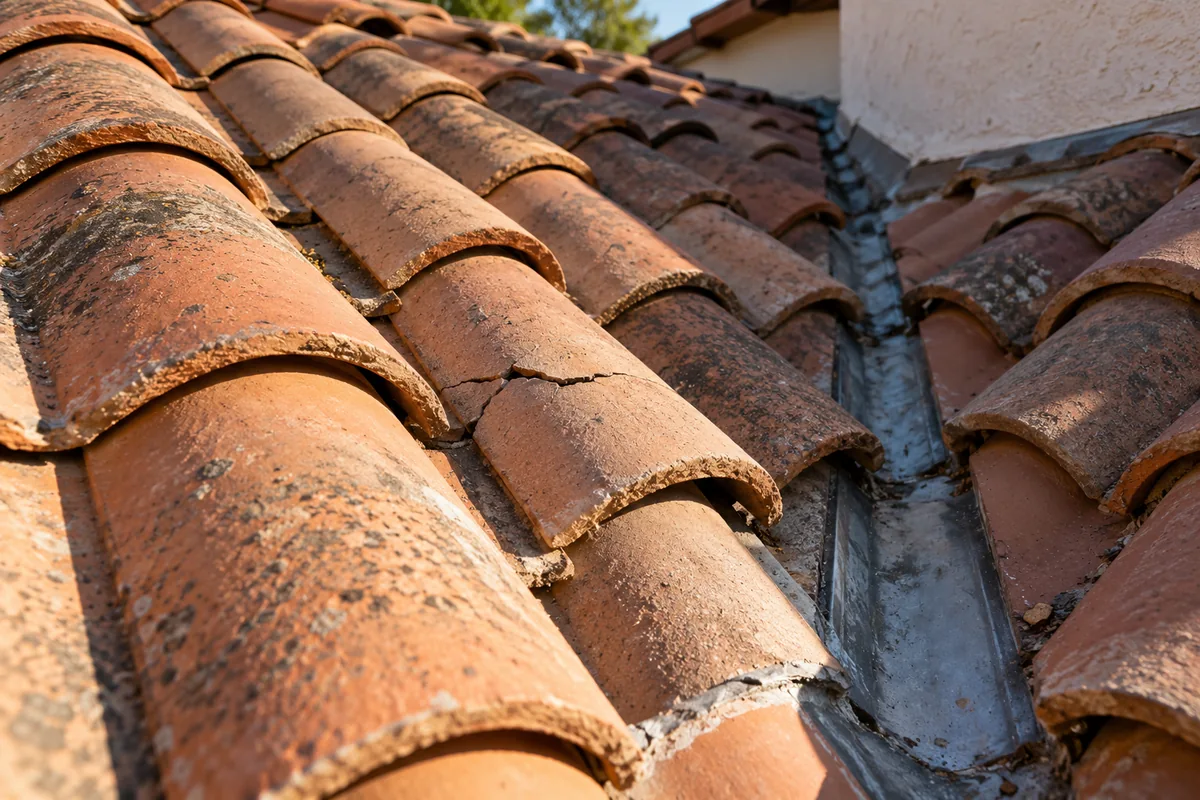 Weathered terracotta roof tiles with a cracked tile beside a roof valley